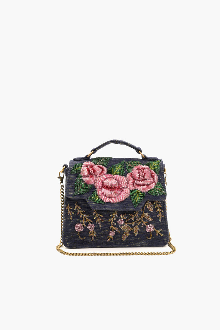 Chic Rose Embellished Navy Blue Crossbody Bag