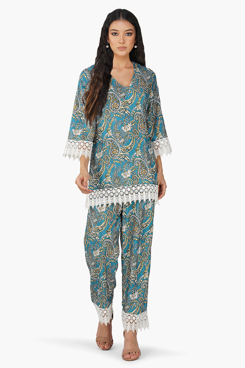 Blue Paisley Co-ord Set Teal Blue