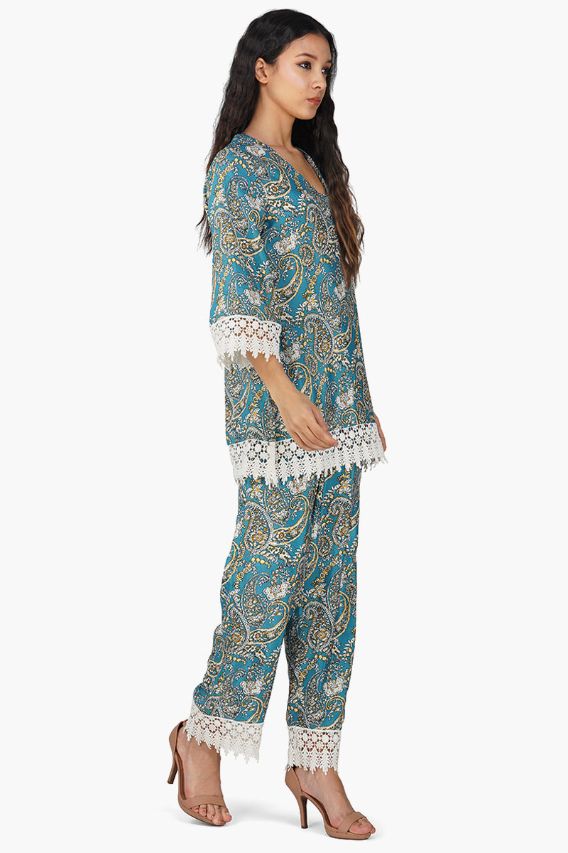 Blue Paisley Co-ord Set Teal Blue