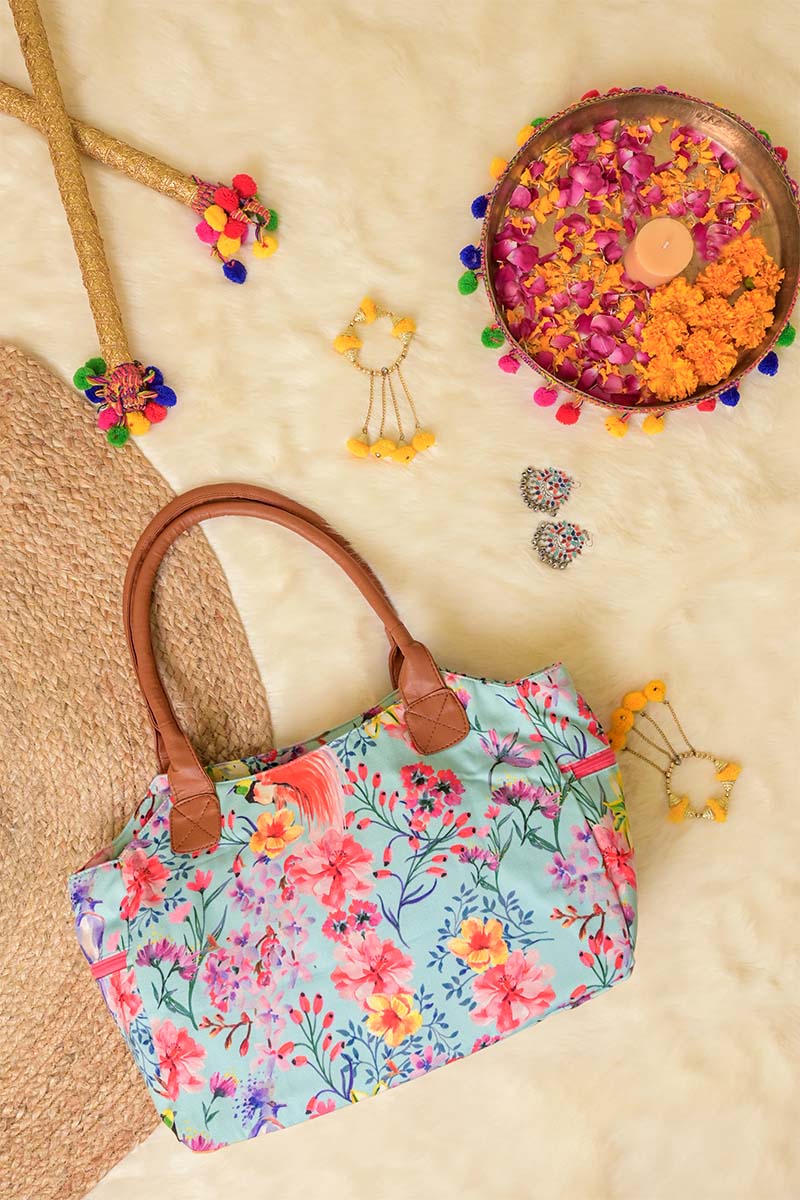 Summer Floral Printed Blue Handbag