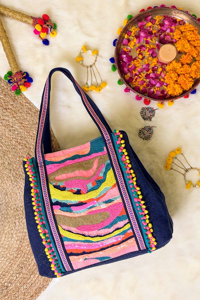 Rainbow Waves Beaded Tote Bag