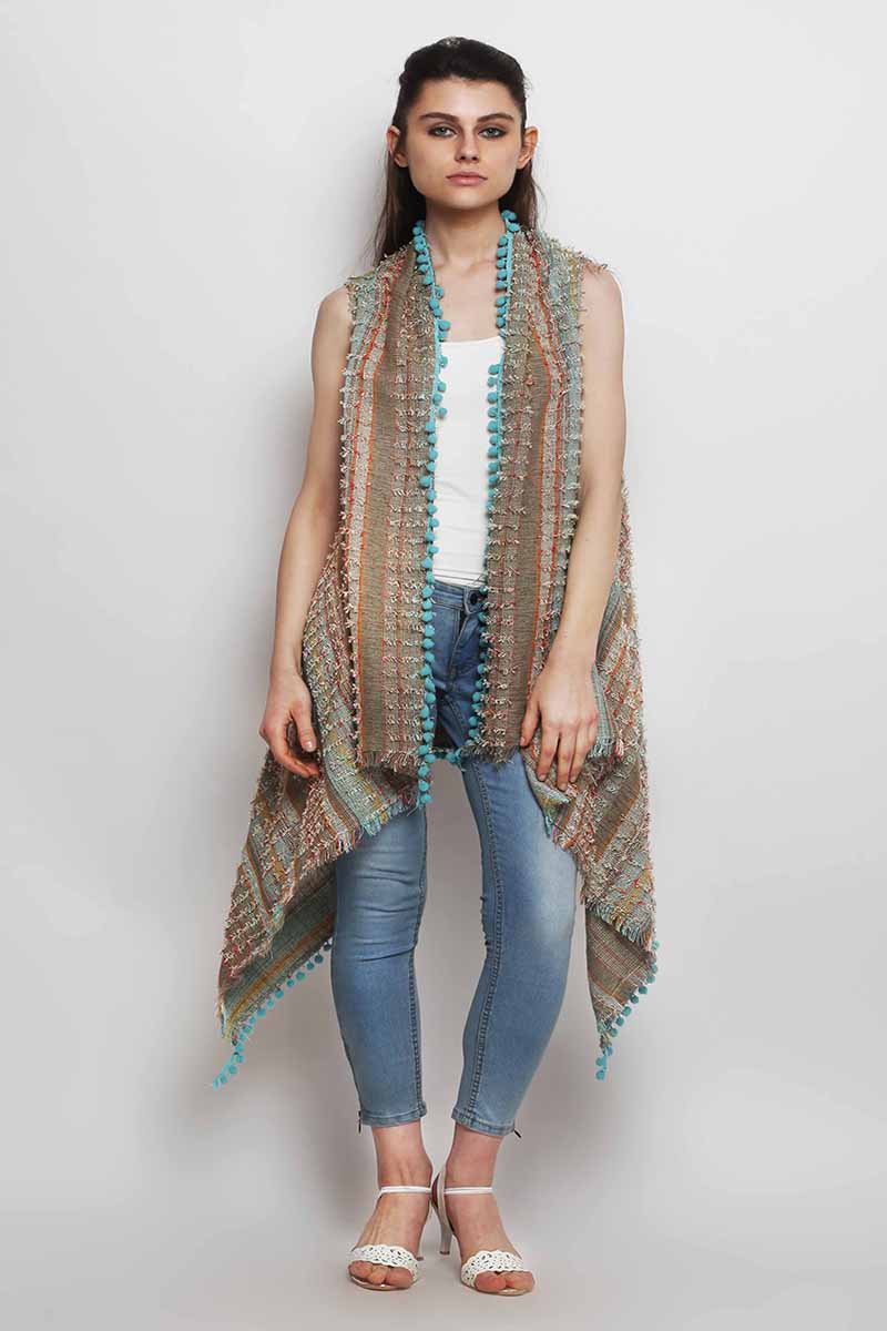 Aqua Pom Pom Fringe Cape