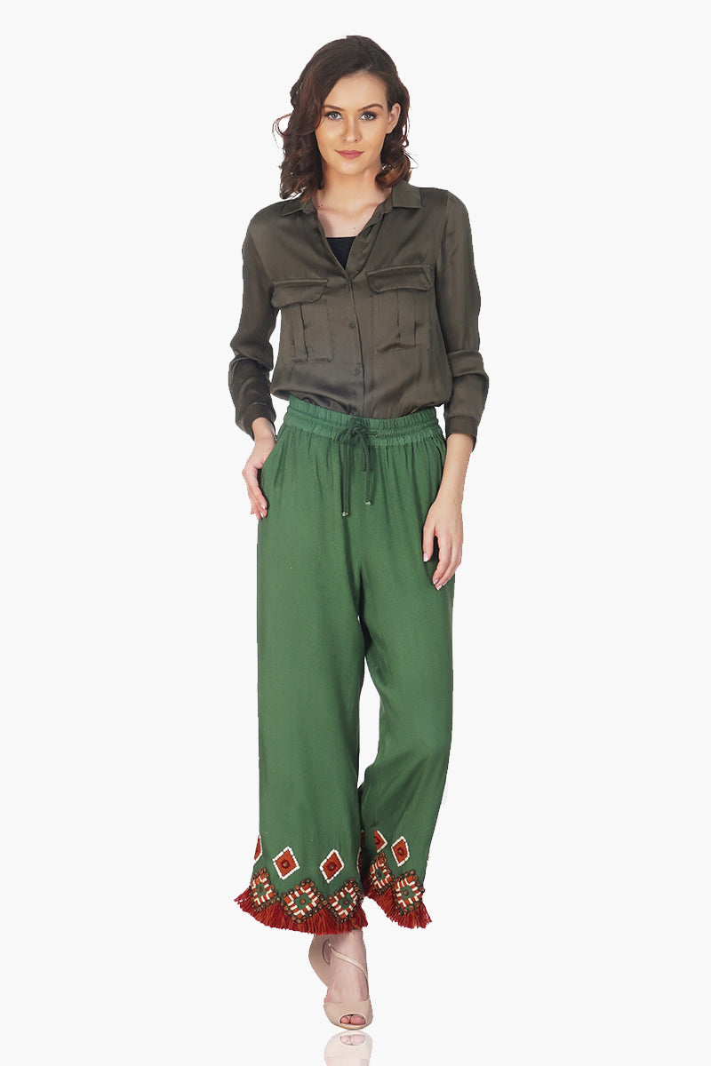 Olive Green Embroidered Winter Flare Pants