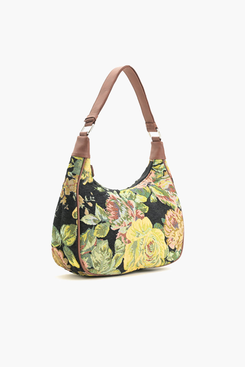 Floral Tapestry Shoulder Bag - Black