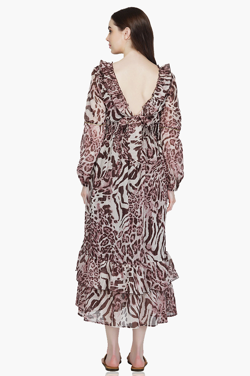 Rose Tan Animal Print Ruffle Maxi Dress