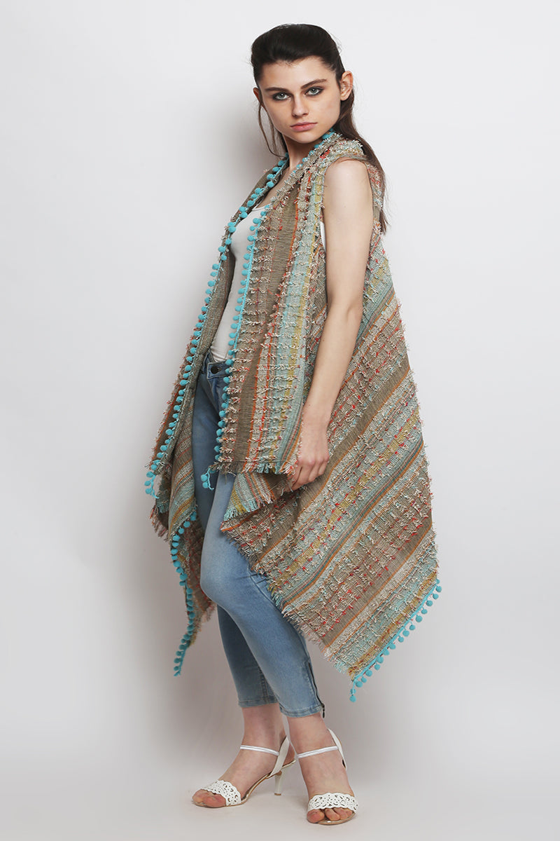 Aqua Pom Pom Fringe Cape