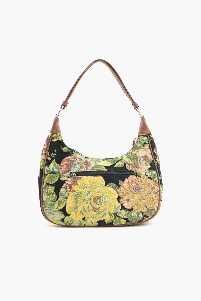 Floral Tapestry Shoulder Bag - Black