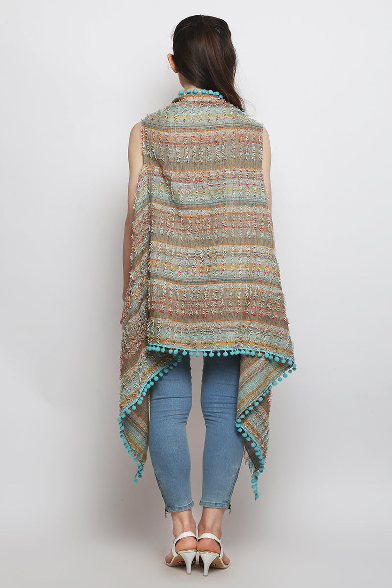 Aqua Pom Pom Fringe Cape