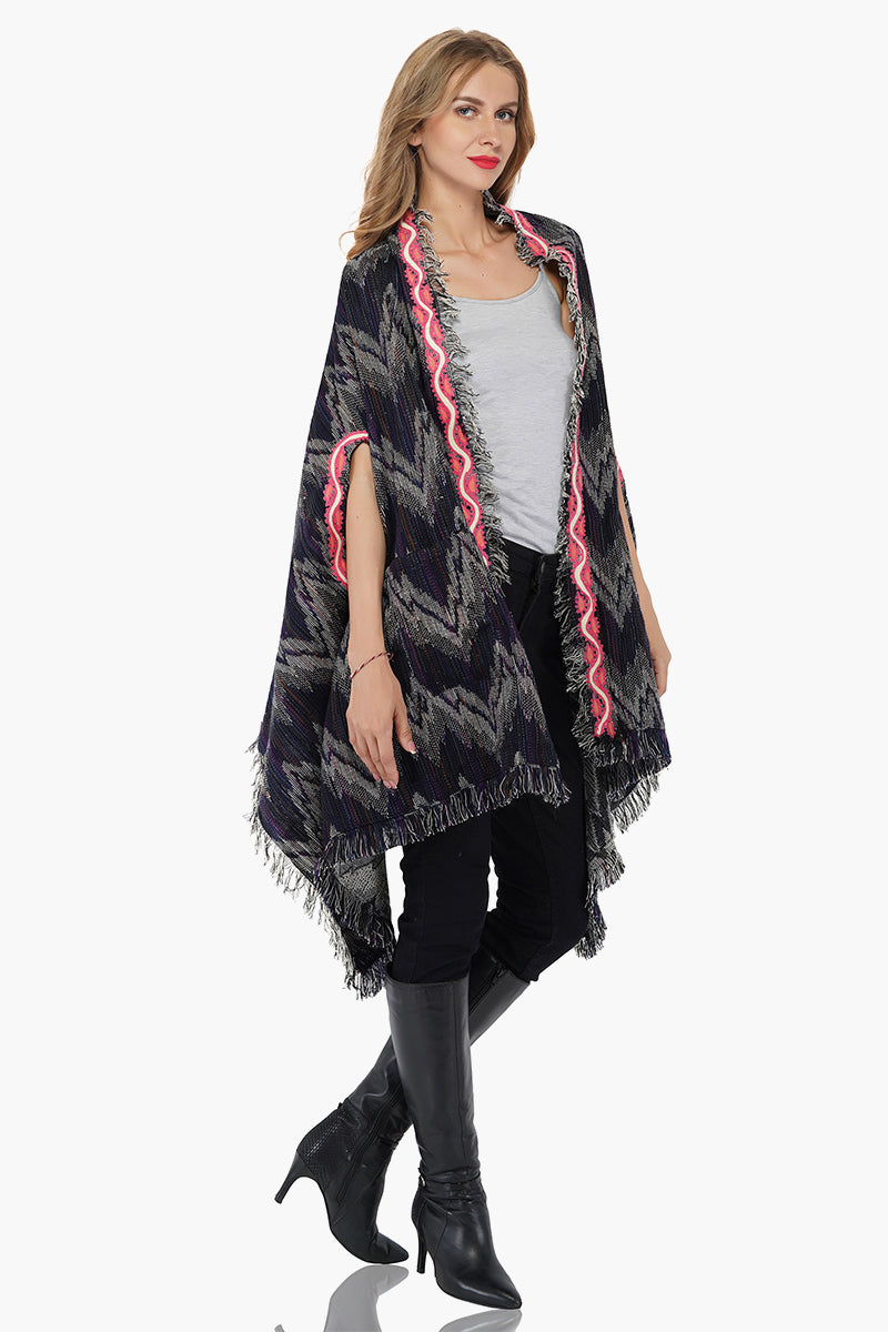 Chevron Fringed Cape with Embroidery