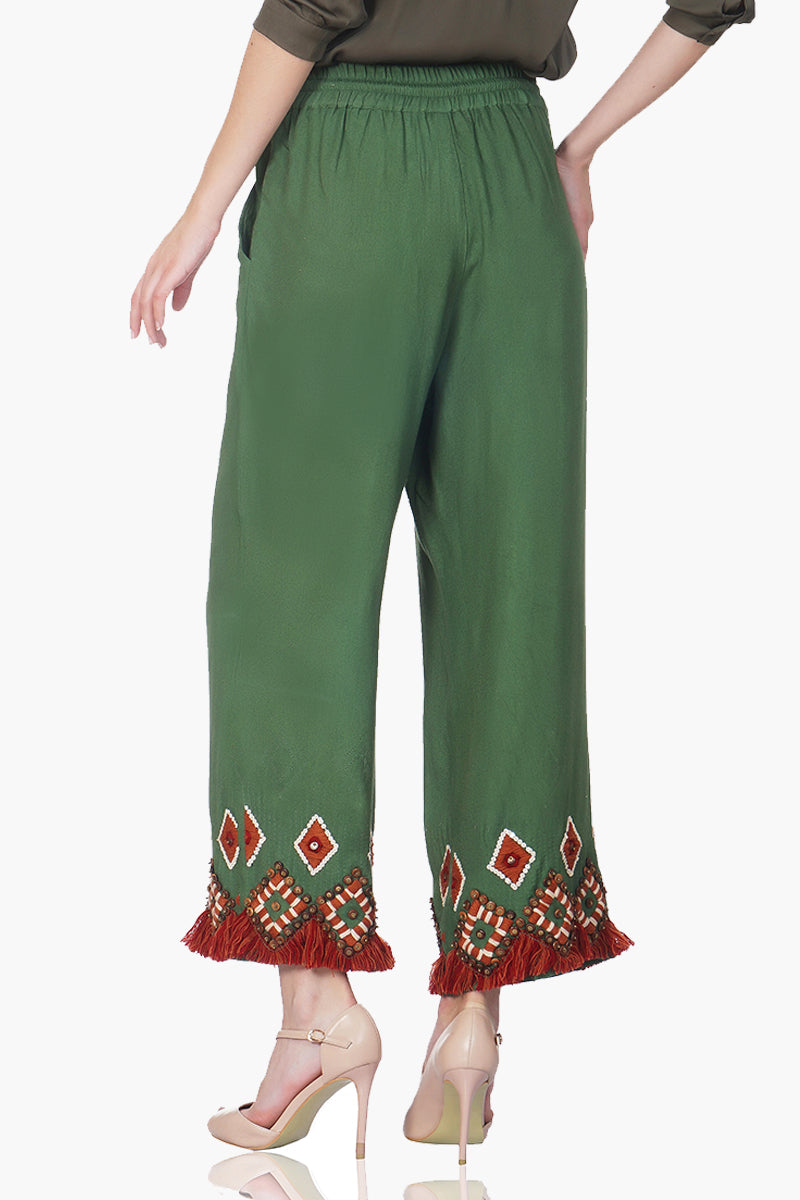 Olive Green Embroidered Winter Flare Pants