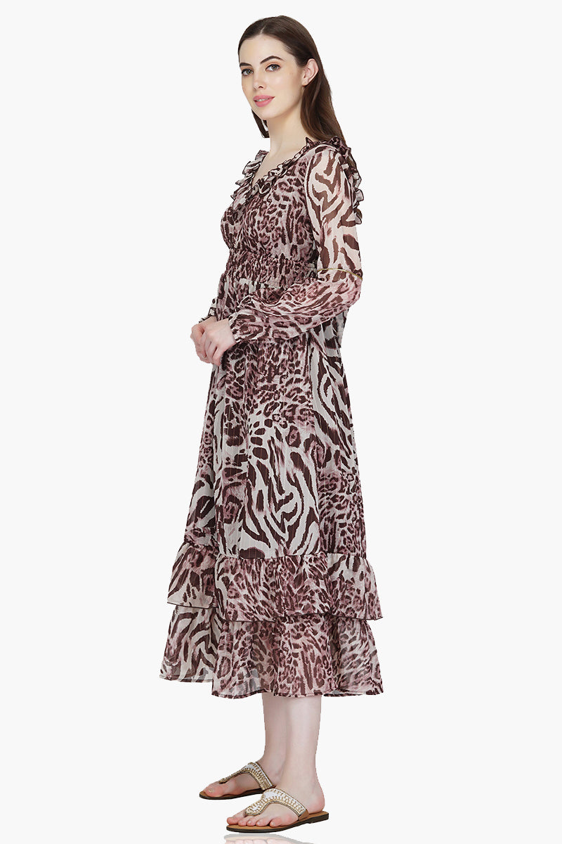 Rose Tan Animal Print Ruffle Maxi Dress