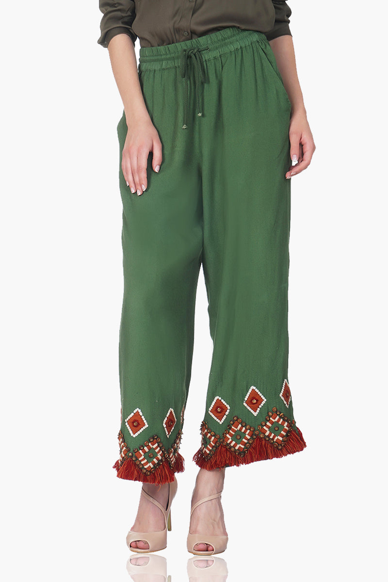 Olive Green Embroidered Winter Flare Pants