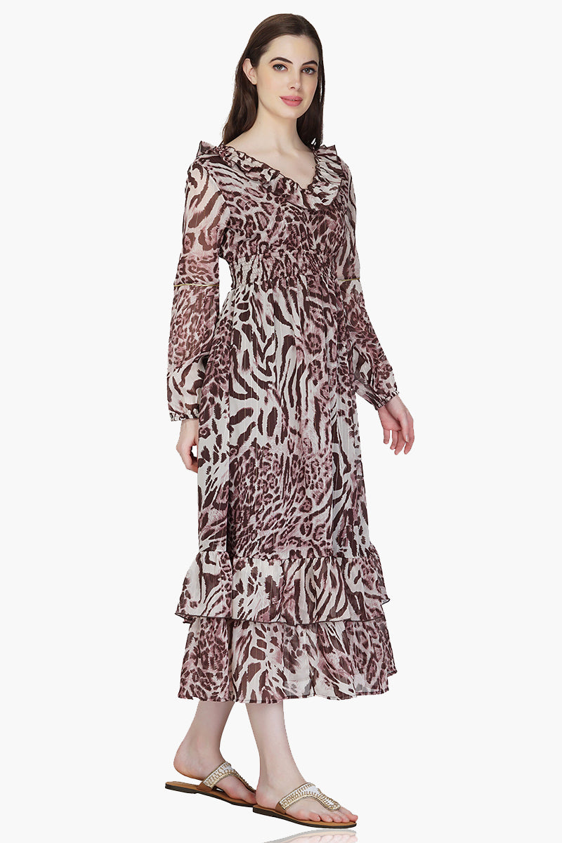 Rose Tan Animal Print Ruffle Maxi Dress