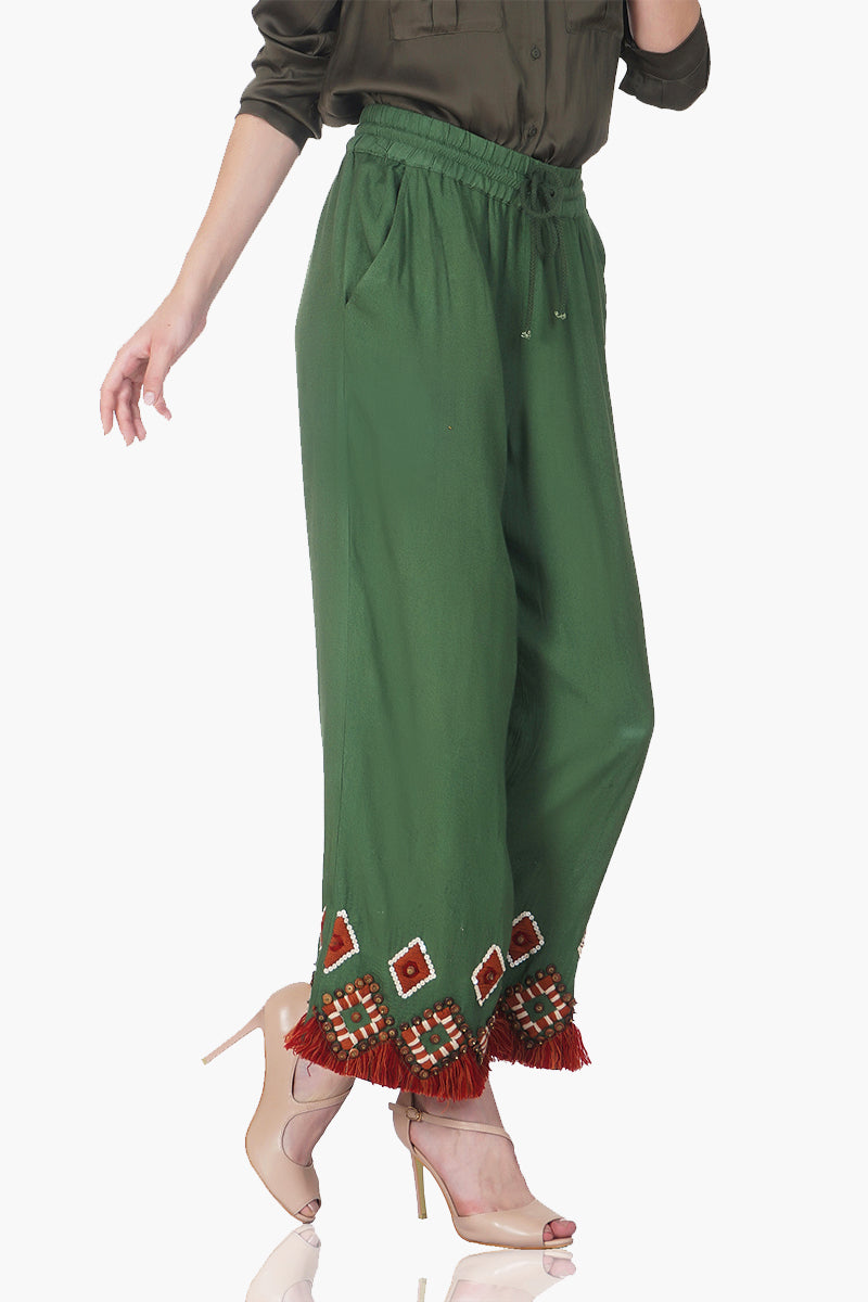 Olive Green Embroidered Winter Flare Pants