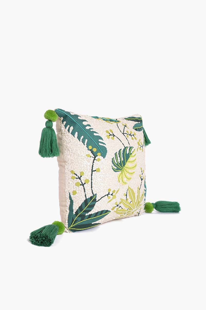 Tropical Leaf Embroidered Cushion Cover