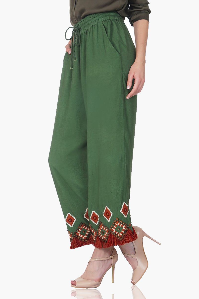 Olive Green Embroidered Winter Flare Pants