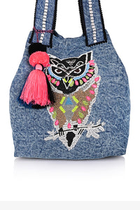 Beautiful Owl Embroidered Denim Tote