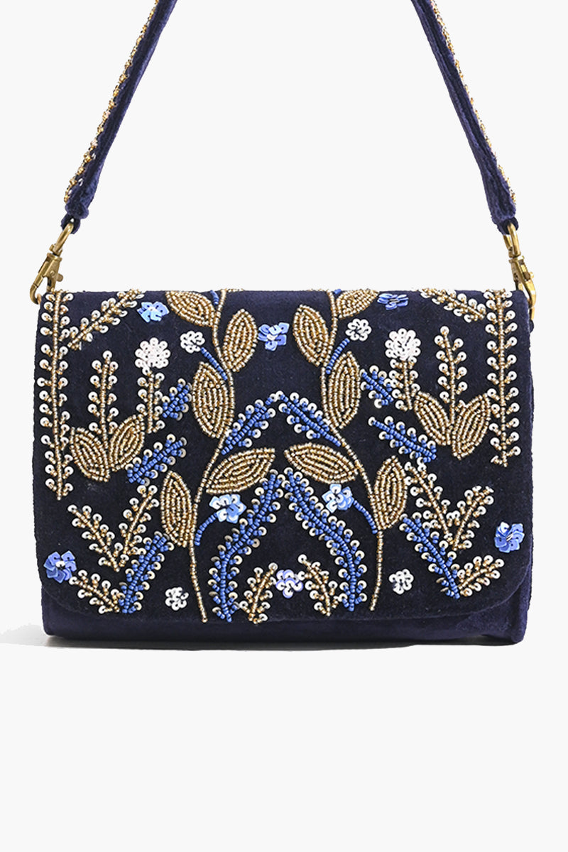 Navy Blue Embellished Shoulder Bag