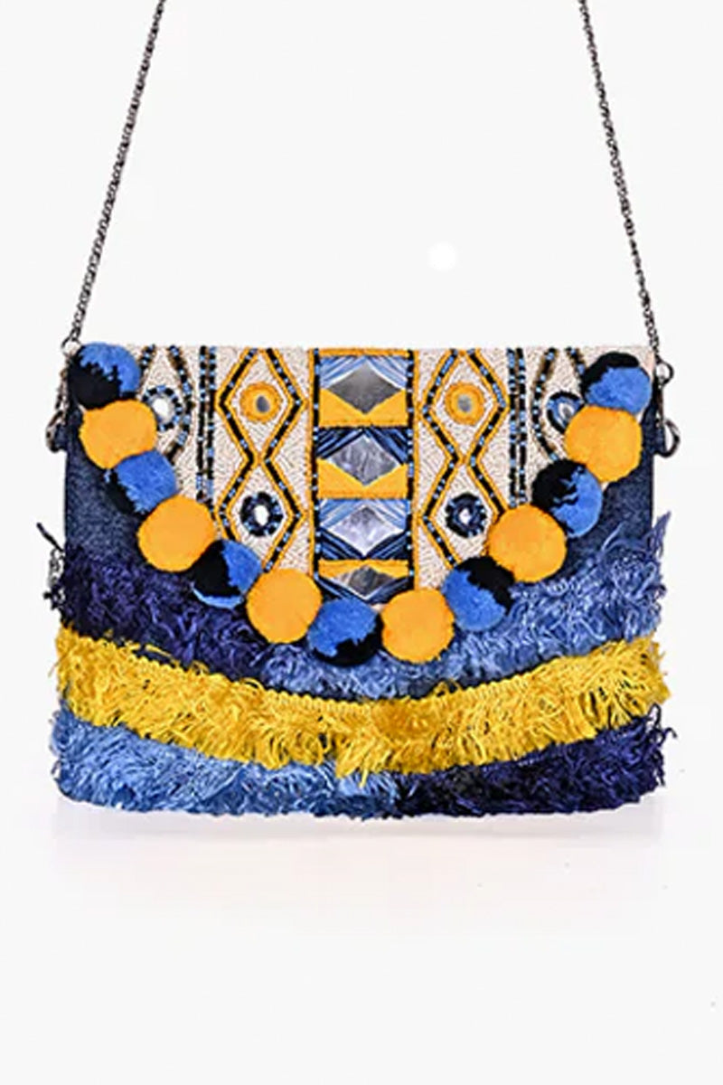 Denim Pompom Sling Bag