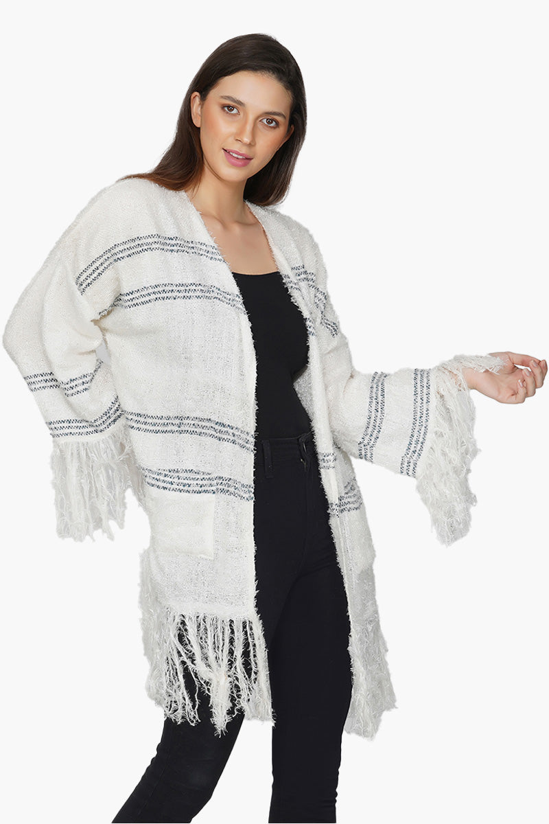 White Woolen Fringed Shrug