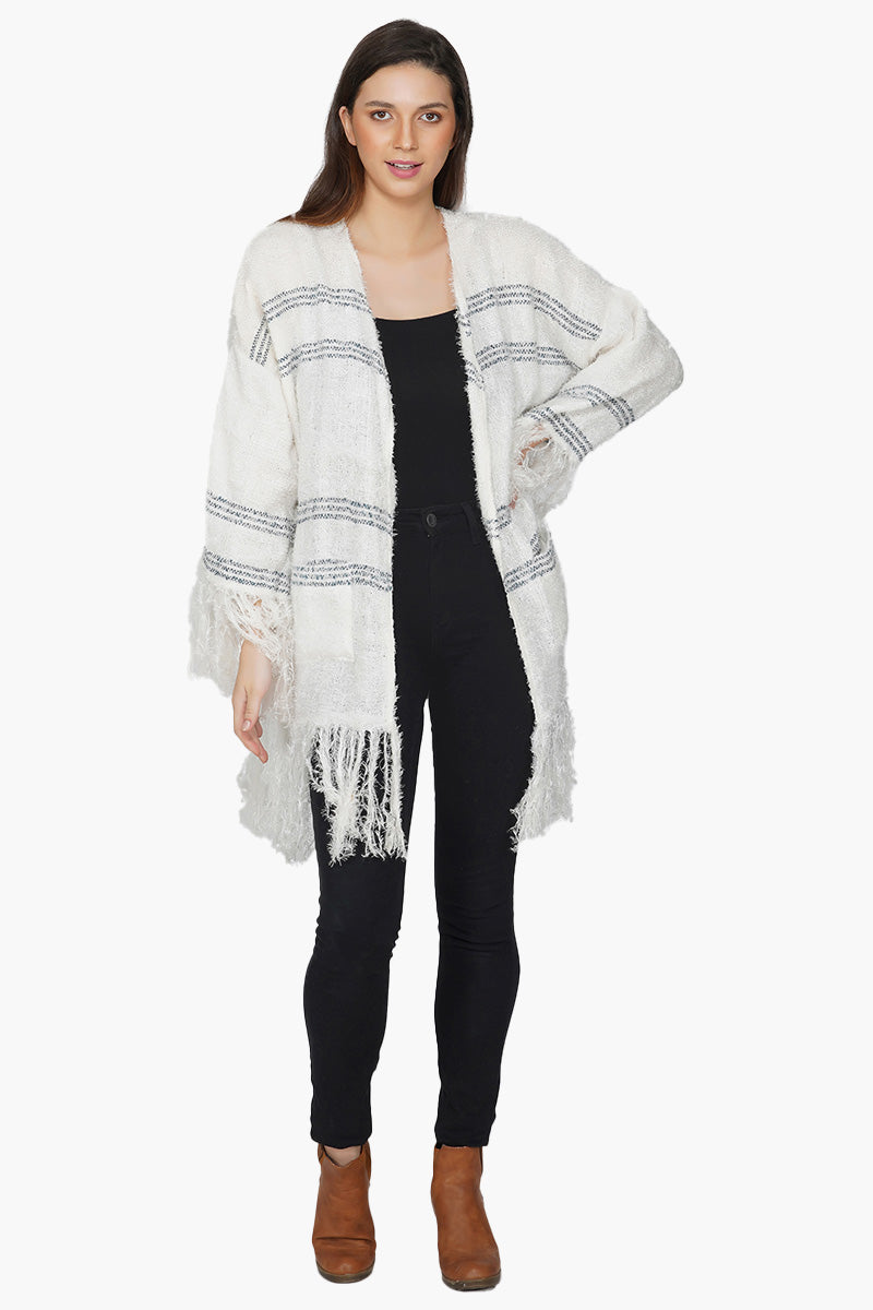 White Woolen Fringed Shrug