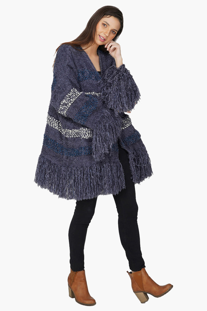 Navy Blue Winter Jacket with Kimono Sleeves