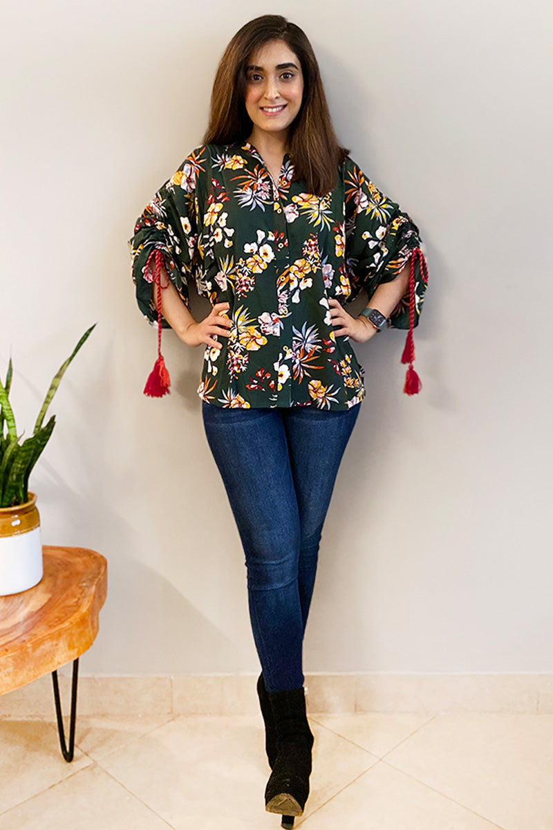 Floral Printed Green Button Down Shirt