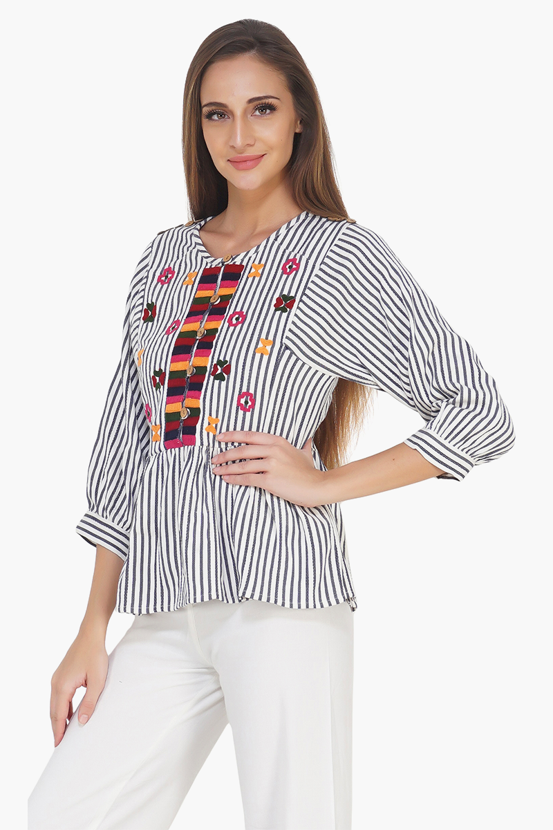 Indie Ink Striped And Embroidered Blouse - Bohogirl.in – bohogirl.in