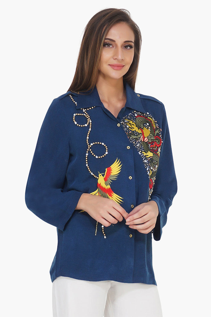 Eden Dragon Embroidered Shirt Blue