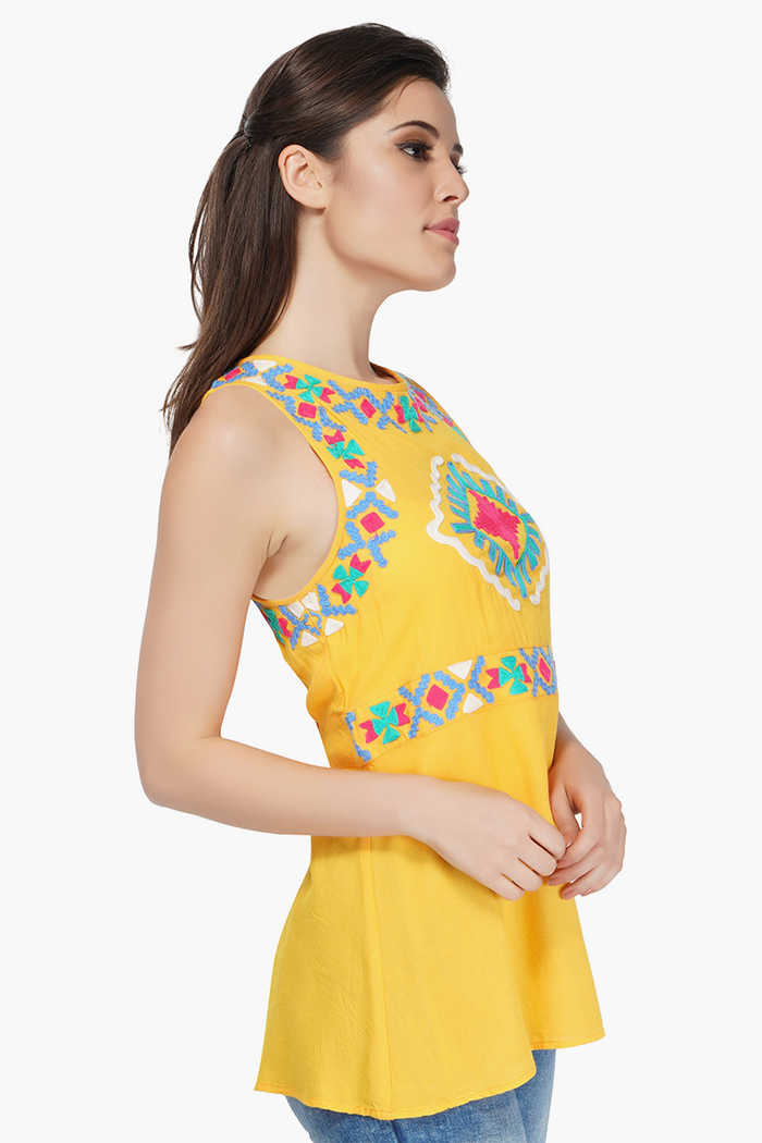 Mustard Viscose Embroidered Peplum Top