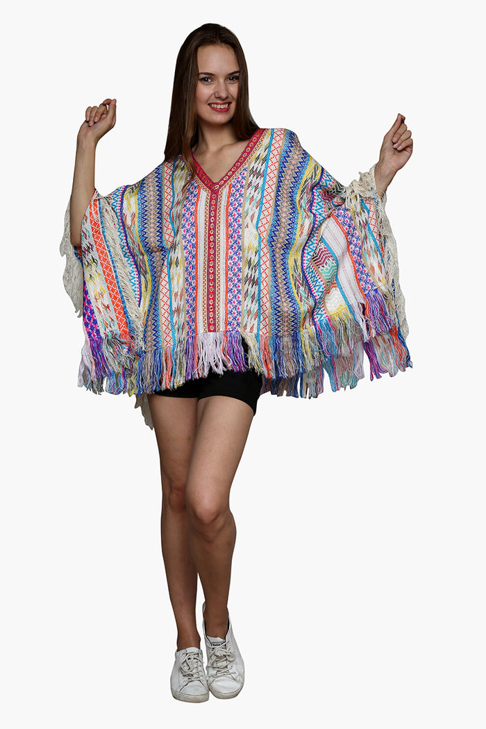 Elegant Fringed White Poncho