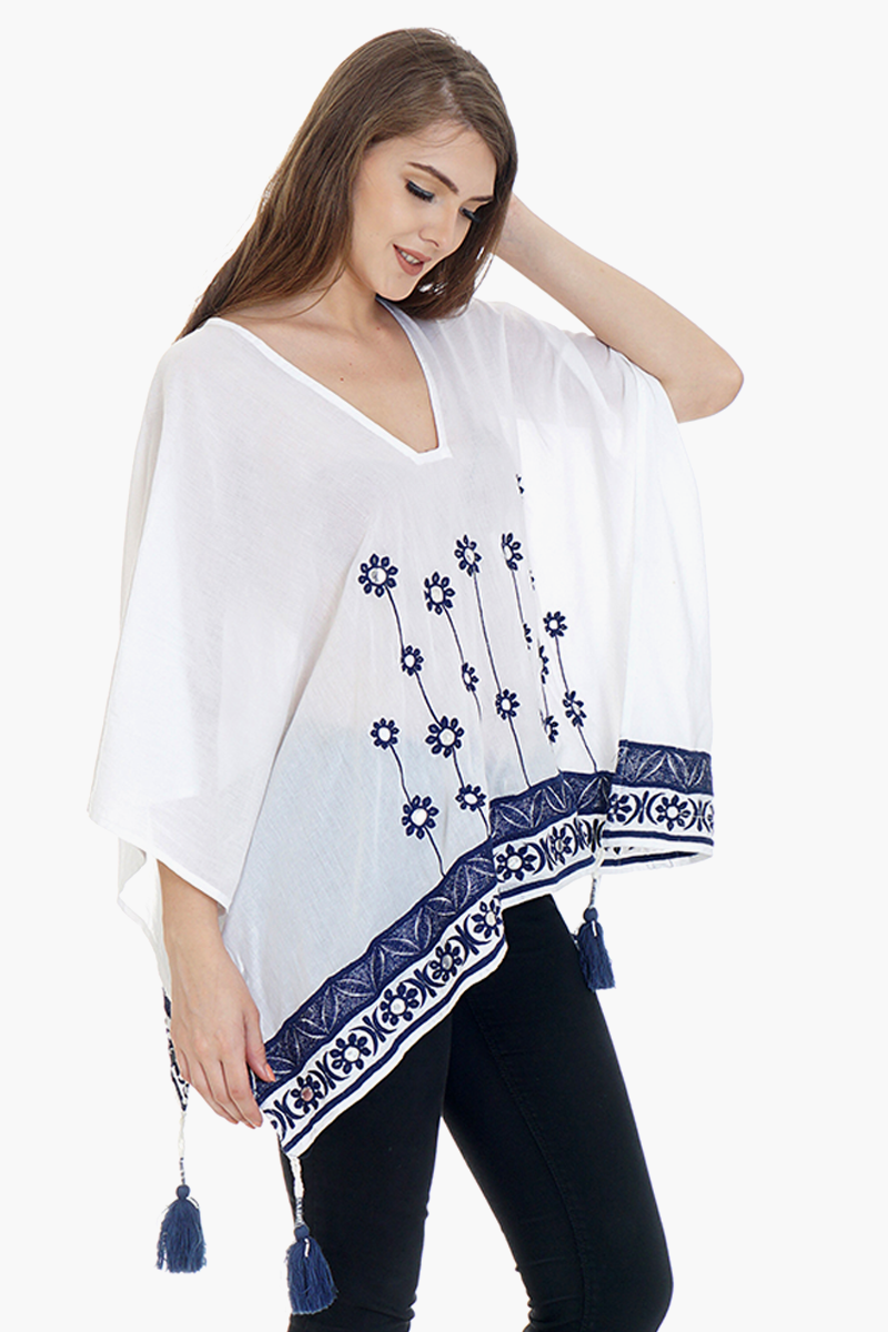 White Poncho With Navy Embroidery