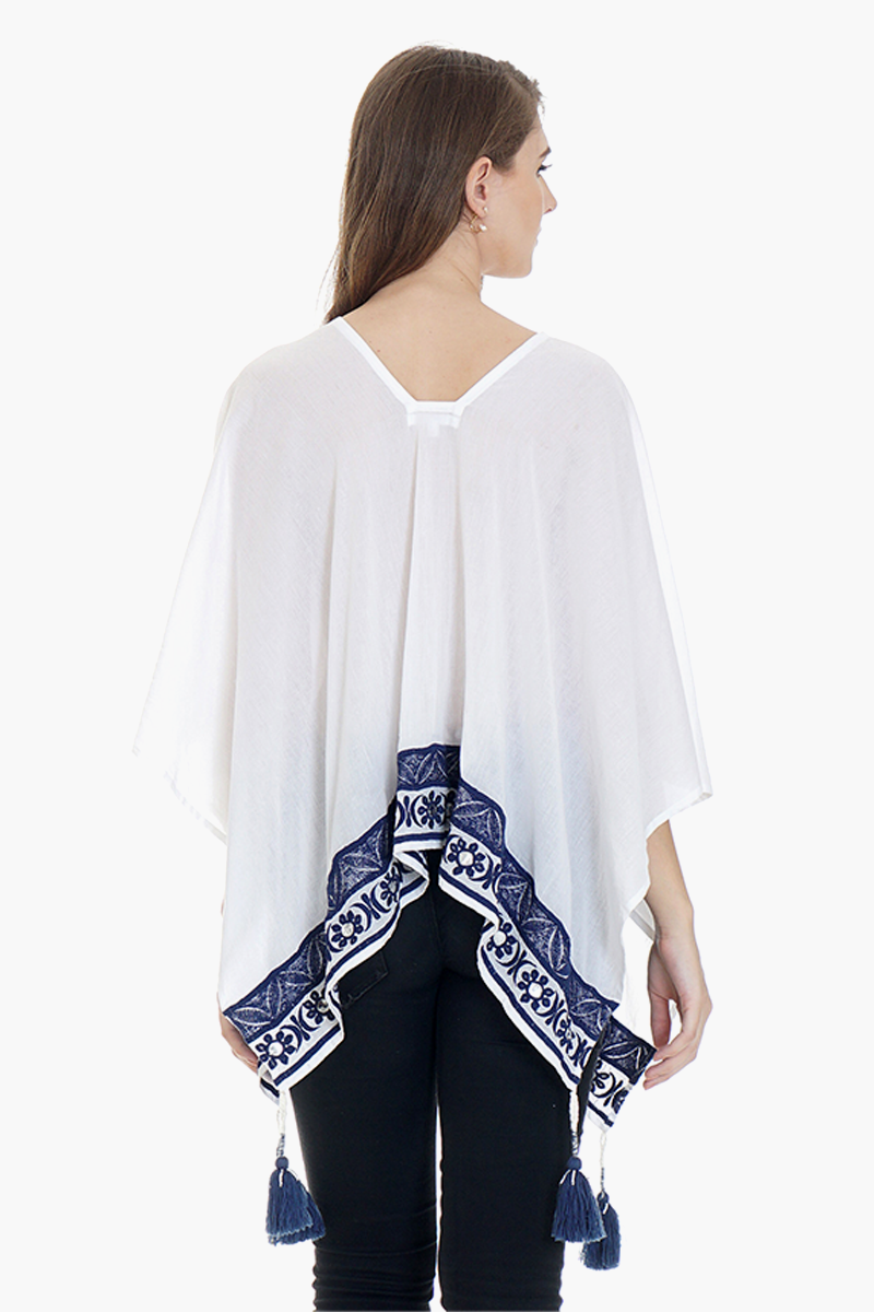 White Poncho With Navy Embroidery