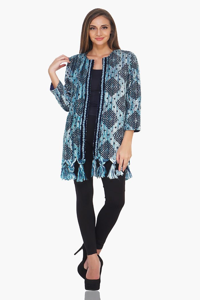 Ice Blue Fringed Layered Sleeve Jacket