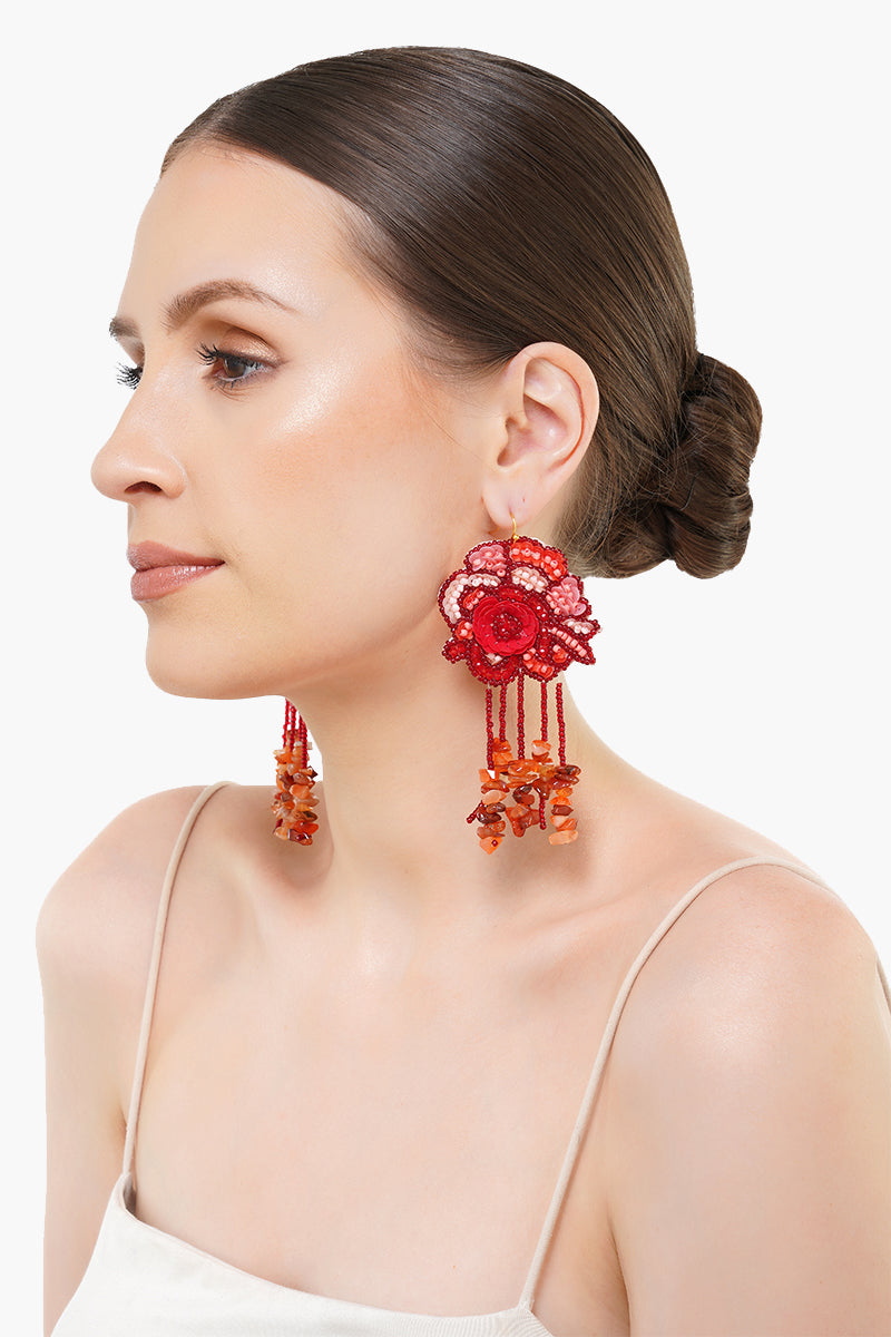 Red Lilies Beaded Earrings