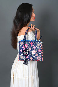 Whimsical Navy Blue Mini Tote Bag