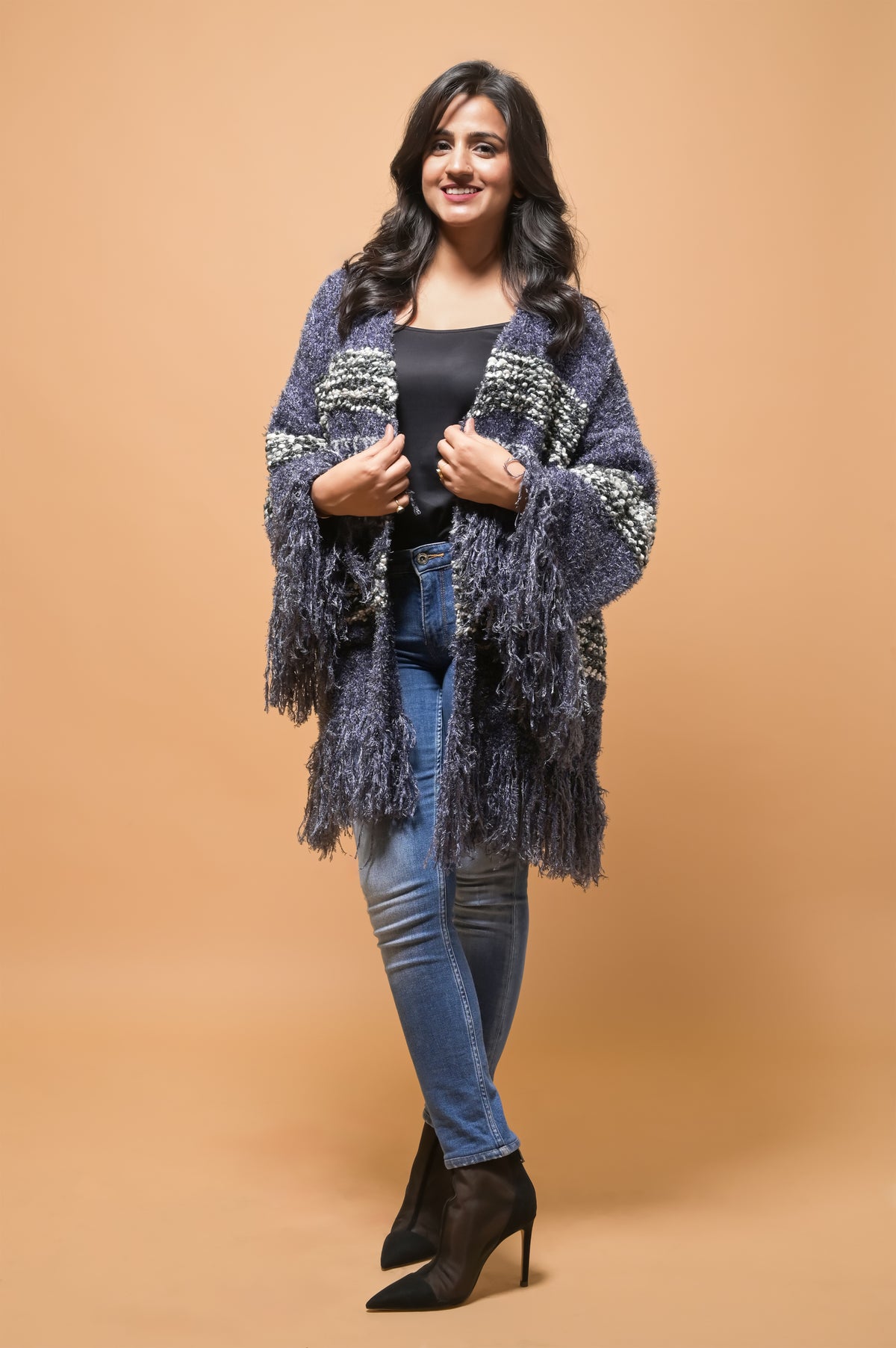 Midnight Blue Fringed Winter Shrug