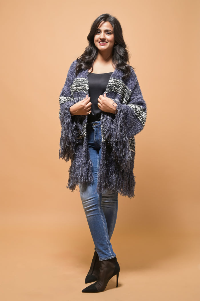 Midnight Blue Fringed Winter Shrug