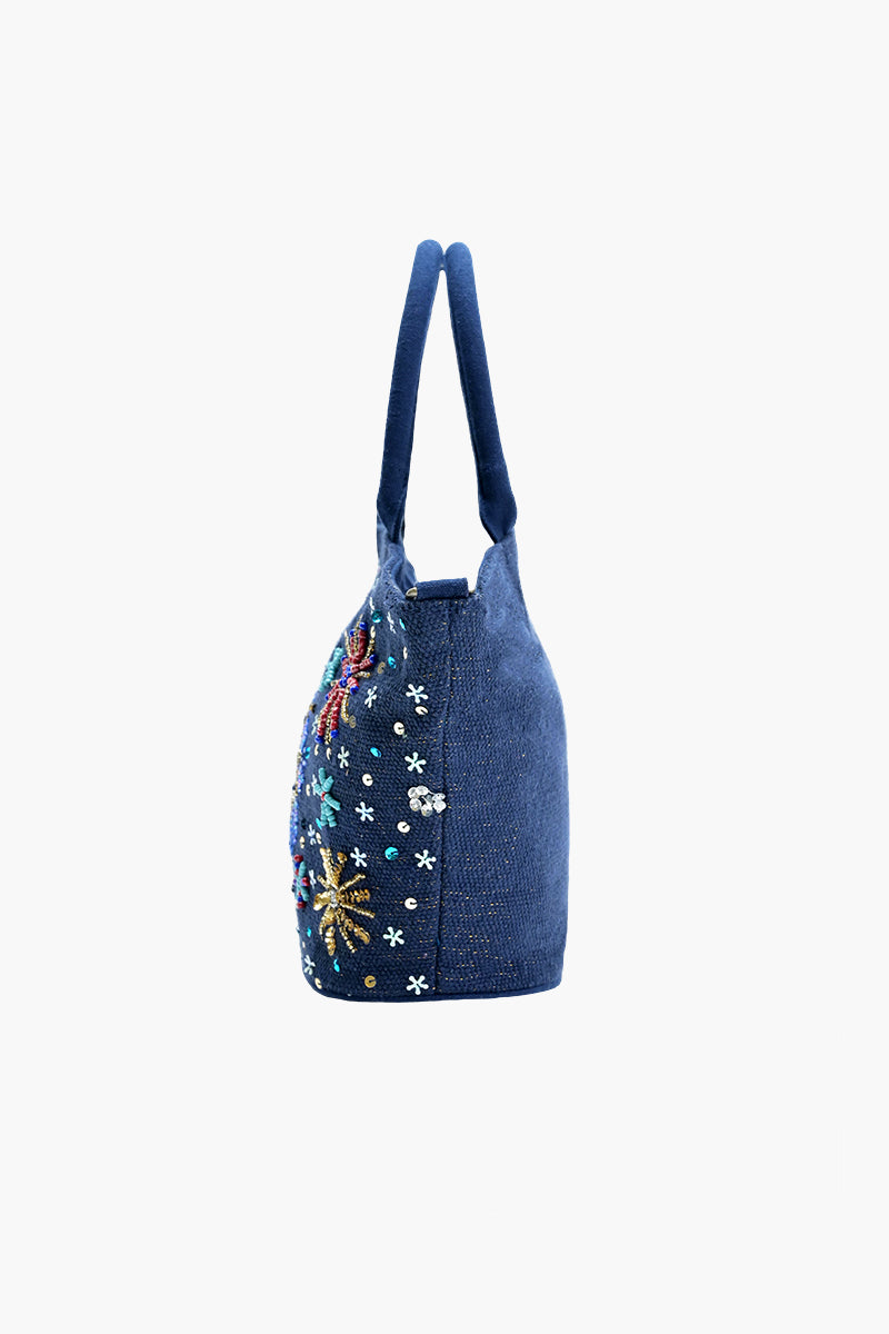 Navy Blue Embellished Mini Bucket Bag