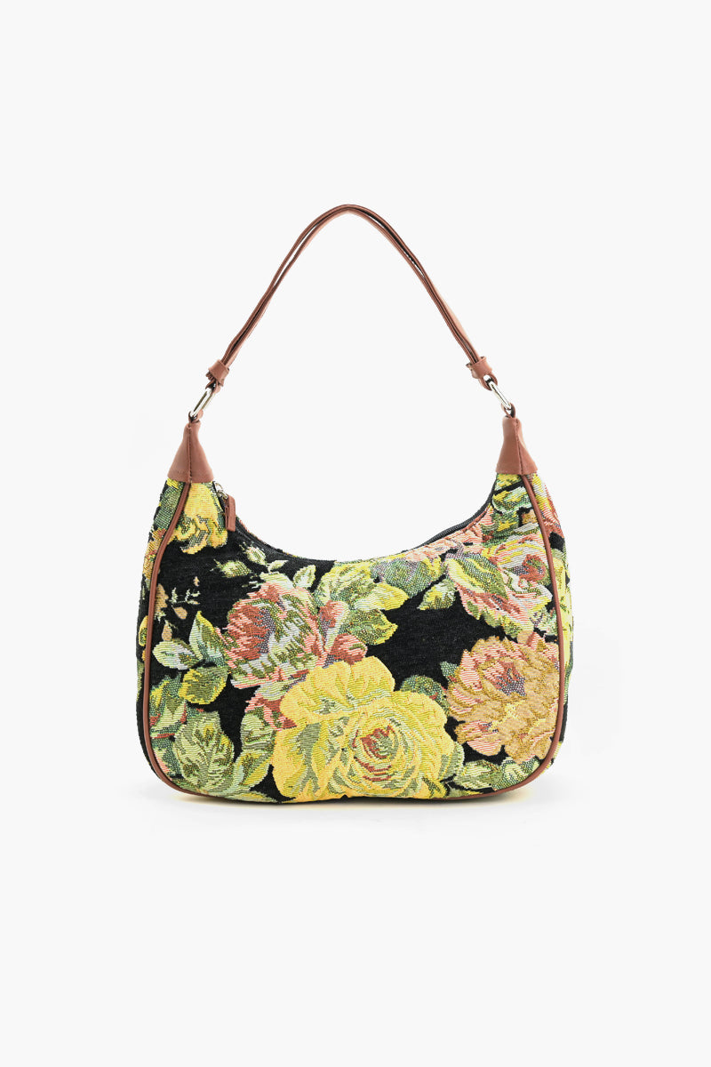 Floral Tapestry Shoulder Bag - Black